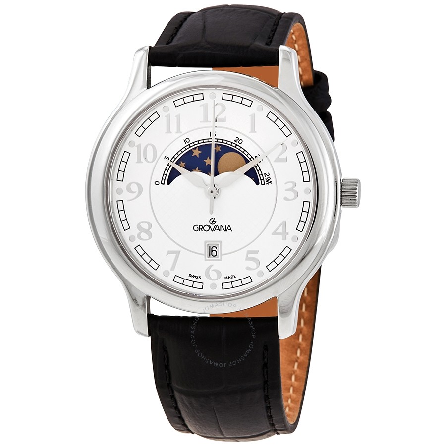 Grovana Moonphase White Dial Black Leather Men's Watch 1026-1533 1026.1533