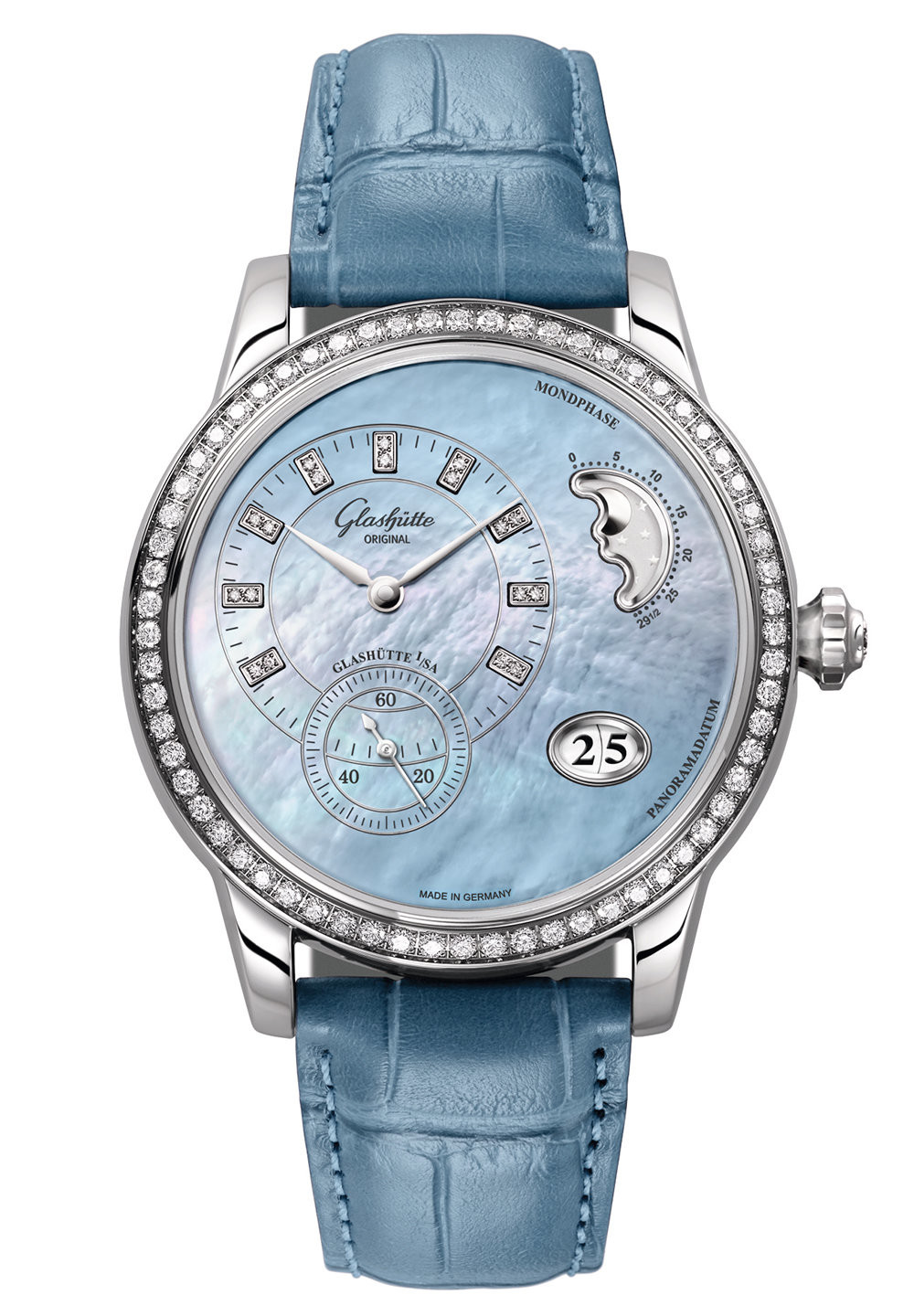 Glashutte PanoMatic Luna Blue Mother of Pearl Diamond Dial Ladies Watch 90-12-03-12-02