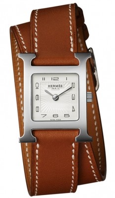 Hermes H Hour White Dial Ladies Small Double Tour Leather Watch 036712WW00