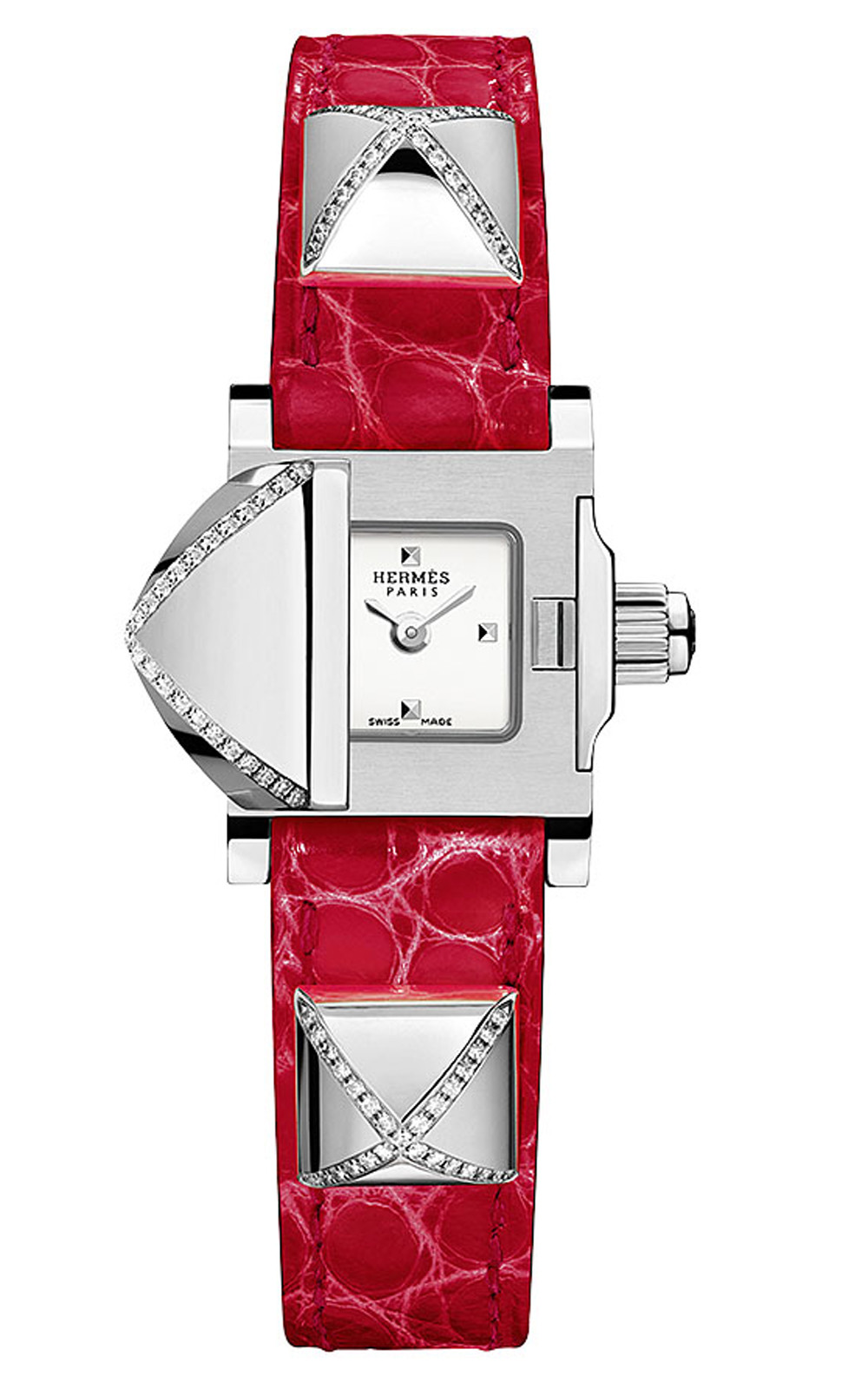 Hermes Medor White Dial Ladies Red Leather Diamond Watch 041274WW00
