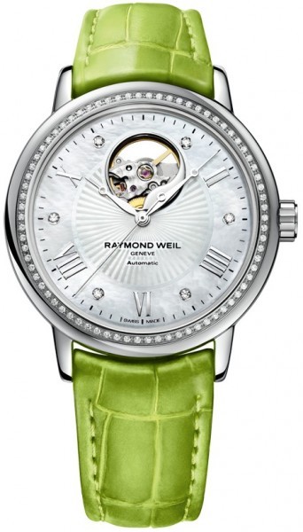 Raymond Weil Maestro Automatic Mother of Pearl Dial Green Leather Ladies Watch 2827-LS5-00966