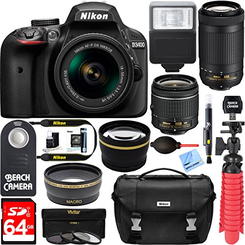 Nikon D3400 24.2 MP DSLR Camera + AF-P DX 18-55mm & 70-300mm NIKKOR Zoom Lens Kit + 64GB Memory Bundle + Nikon Photo Bag + Wide Angle Lens (Black)