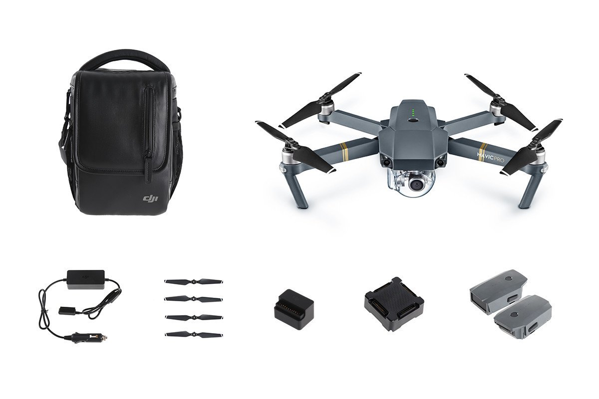 DJI Mavic Pro Fly More Combo: Foldable Propeller Quadcopter Drone Kit with Remote, 3 Batteries, 16GB MicroSD, Charging Hub, Car Charger, Power Bank Adapter, Shoulder Bag