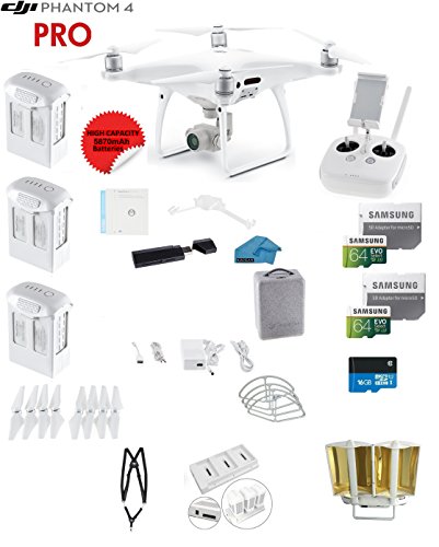 DJI Phantom 4 PRO Quadcopter Drone with 1-inch 20MP 4K Camera KIT + 3 Total DJI Batteries + 2 64GB Micro SDXC Cards + Reader + Snap on Prop Guards + Range Extender + Charging Hub + Remote Harness