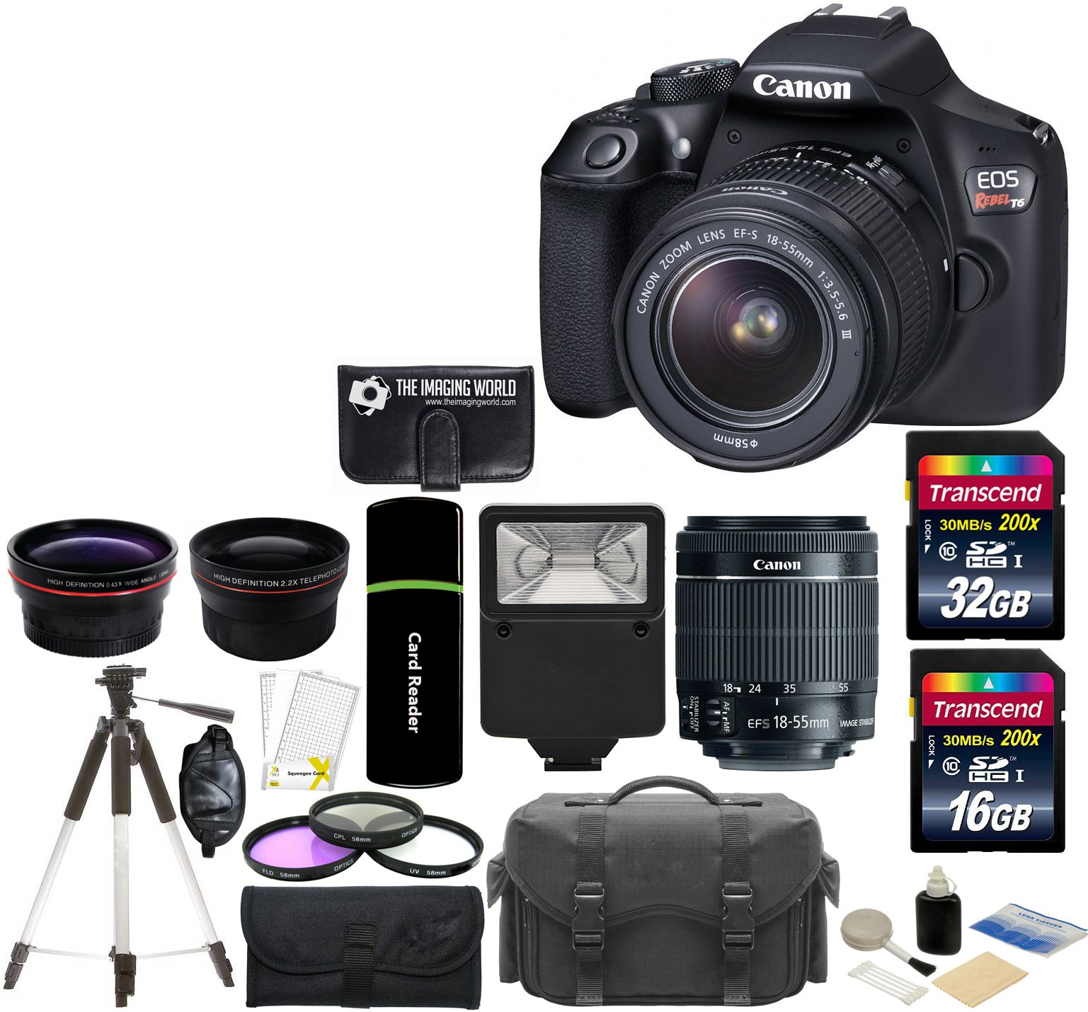 Canon EOS Rebel T6 18MP Wi-Fi DSLR Camera with 18-55mm IS II Lens + 32GB & 16GB Card + Wide Angle Lens + Telephoto Lens + Flash + Grip + Tripod - 48GB Deluxe Accessories Bundle