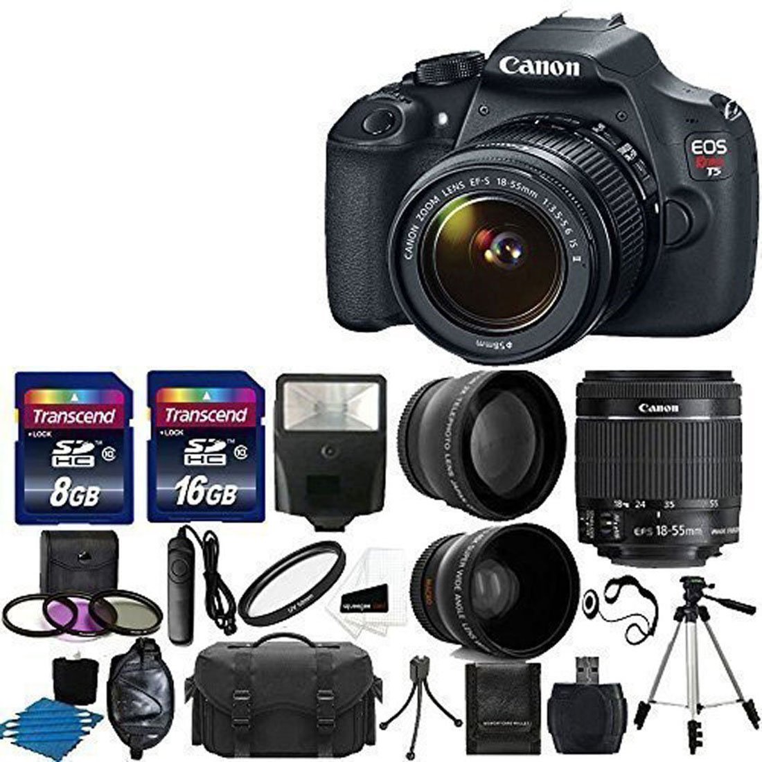 Canon EOS Rebel T5i Digital SLR Camera with EF-S 18-55mm f/3.5-5.6 IS Lens, 58mm 2x Lens, Wide Angle Lens and Complete Deluxe Accessory Bundle