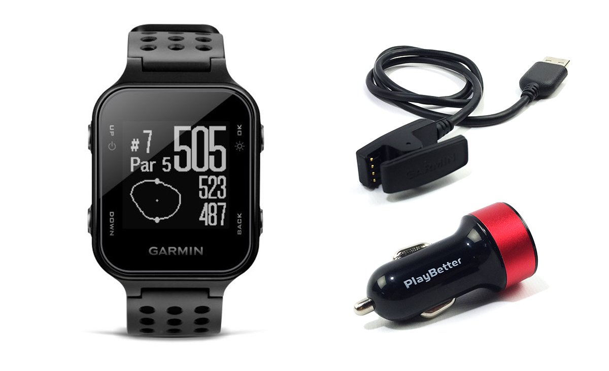Garmin Approach S20 (Black) Golf GPS Watch with PlayBetter USB Car Charge Adapter | Activity Tracker, Smart Notifications & 40,000+ Worldwide Courses