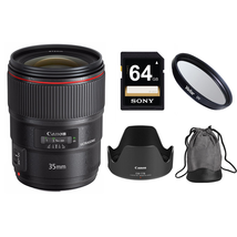 Canon EF 35mm f/1.4L II USM Camera Lens with UltraViolet UV 72mm Filter & Sony 64GB SDXC Memory Card with Lens Accessory Bundle