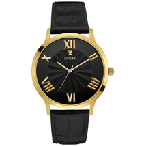 Đồng hồ GUESS Men's U0794G1 Dressy Gold-Tone Watch Plain Black Dial and Genuine Leather Strap Buckle