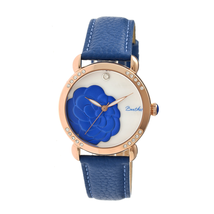 Bertha Daphne Flower Engraved Mother of Pearl Dial Rose Gold-tone Steel Case Blue Leather Strap Ladies Watch BR4607