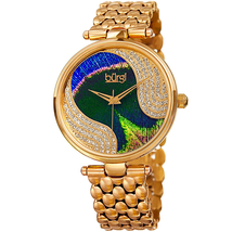 Burgi Peacock Feather Dial Ladies Gold Tone Crystal Watch BUR162YG