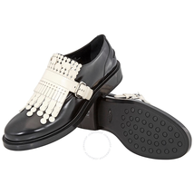 Tod's Womens Fringed Leather Loafers in Black/ White XXW0ZP0R130EFX0G45