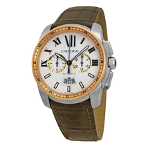 Cartier Calibre De  Silver Dial Stainless Steel 18kt Pink Gold Brown Alligator Men's Watch W7100043