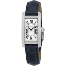 Cartier Tank Americaine Silver Dial Navy Leather Ladies Watch WSTA0016