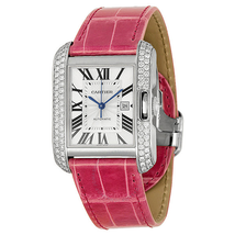 Cartier Tank Anglaise Large 18k White Gold Diamond Bezel Pink Leather Watch WT100018