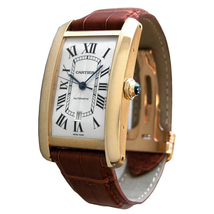 Cartier Tank Americaine Silver Dial 18kt Yellow Gold Brown Leather Men's Watch W2609756