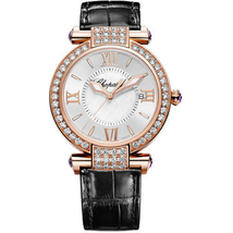 Chopard Imperiale Diamond Mother of Pearl Dial 18 kt Rose Gold Black Leather Ladies Watch 384221-5002