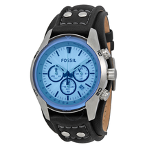 Fossil Blue Glass Chronograph Black Leather Strap Men's Watch CH2564