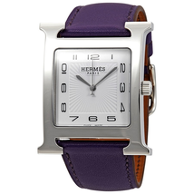 Hermes H Hour White Dial Purple Leather Ladies Watch 036839WW00
