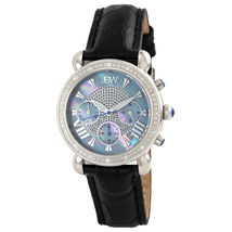 JBW Victory Blue Mother of Pearl Chronograph Dial Diamond Steel Case Black Leather Strap Ladies Watch JB-6210L-C