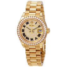 Rolex Lady-Datejust 28 Diamond-paved Dial Automatic Ladies 18kt Yellow Gold President Watch 279138DRP