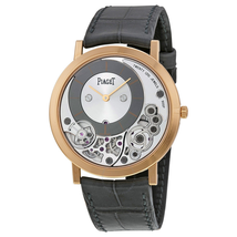 Piaget Altiplano Silver and Black Skeleton Dial 18kt Rose Gold Gray Leather Men's Watch GOA39110 G0A39110