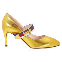 Gucci Sylvie Leather Mid Heel Pump in Gold -GC475086B8M608075