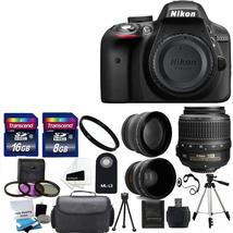 Nikon D3300 24.2 MP CMOS Digital SLR Camera with 18-55mm f/3.5-5.6G VR II Zoom Lens + 2x Professional Lens +HD Wide Angle Lens + UV Filter Kit with 24GB Deluxe Accessory Bundle (Certified Refurbished)