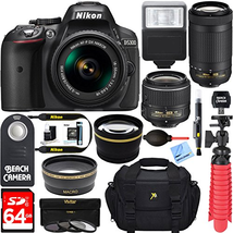Nikon D5300 24.2 MP DSLR Camera + AF-P DX 18-55mm & 70-300mm NIKKOR Zoom Lens Kit + 64GB Memory Bundle + Photo Bag + Wide Angle Lens  (Black