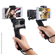 Stabilizing Hand Grip for GoPro Hero with Dual Mount, Tripod Adapter and Universal Phone Holder - Record Videos with 2 Different Camera Angles Simultaneously, Steady Shot Photography, Selfies
