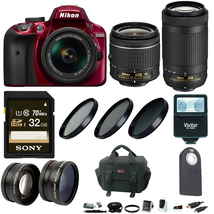 Nikon D3400 DSLR Camera (Red) & 18-55 & 70-300 + Wide & Tele Lenses + Kit