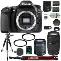 Canon EOS 80D Digital SLR Camera + 18-55mm STM + Canon 75-300mm III Lens + SD Card Reader + 64gb SDXC + Remote + Spare Battery + Accessory Bundle