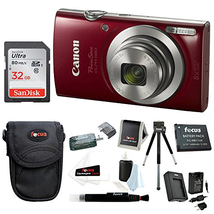 Canon PowerShot ELPH 180 20 MP Digital Camera (Red) + Sony 32GB Memory Card + Focus Rechargeable Replacement Lithium Ion Battery + Travel Quick Charger + Focus Medium Point & Shoot Camera Accessory Bundle