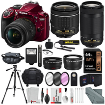 Máy ảnh Nikon D3400 with AF-P DX NIKKOR 18-55mm f/3.5-5.6G VR (Red) + Nikon AF-P DX NIKKOR 70-300mm f/4.5-6.3G ED Lens + 64GB, Deluxe Accessory Bundle and Xpix Cleaning Accessories