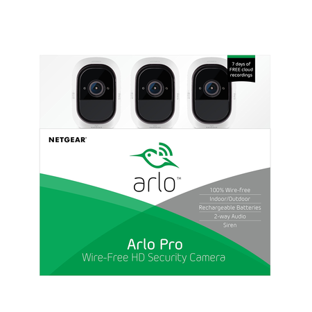 Arlo Pro by NETGEAR Security System with Siren – 3 Rechargeable Wire-Free HD Cameras with Audio, Indoor/Outdoor, Night Vision (VMS4330)
