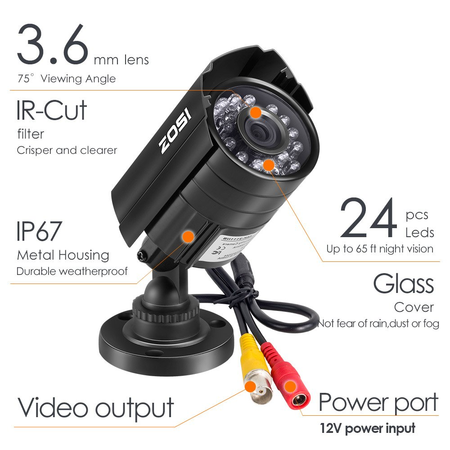ZOSI HD 800TVL 24PCS IR-LEDs 3.6mm lens with IR Cut CCTV Camera Home Security Day/Night Waterproof Camera- 65ft(20m) IR Distance, Aluminum Metal Housing