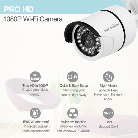 Máy quay giám sát Wansview Outdoor Security Camera, 1080P Wireless WiFi IP Surveillance Bullet Camera ,IP66 Weatherproof, Night Vision W2- White