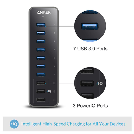 Anker 10 Port 60W Data Hub with 7 USB 3.0 Ports and 3 PowerIQ Charging Ports for Macbook, Mac Pro / mini, iMac, XPS, Surface Pro, iPhone 7, 6s Plus, iPad Air 2, Galaxy Series, Mobile HDD, and MoreAnker 10 Port 60W Data Hub with 7 USB 3.0 Ports and 3 PowerIQ Charging Ports for Macbook, Mac Pro / mini, iMac, XPS, Surface Pro, iPhone 7, 6s Plus, iPad Air 2, Galaxy Series, Mobile HDD, and More