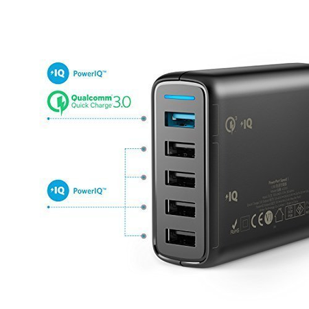 Anker Quick Charge 3.0 51.5W 5-Port USB Wall Charger, PowerPort Speed 5 for Galaxy S7/S6/edge/edge+, Note 4/5, LG G4/G5, HTC One M8/M9/A9, Nexus 6, with PowerIQ for iPhone X/8/7, iPad, and More