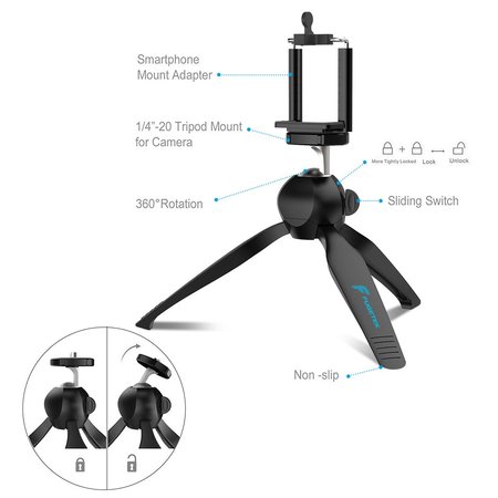 Premium Mini Tripod with phone mount, Fugetek Table Top stand for Gopro, Smartphones, Compact Cameras and DSLRs