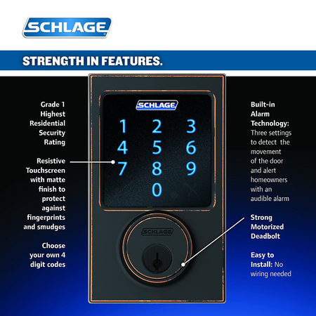 Schlage Z-Wave Connect Century Touchscreen Deadbolt with Built-In Alarm, Works with Amazon Alexa via SmartThings, Matte Black, BE469 CEN 622