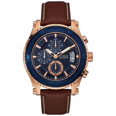 Đồng hồ GUESS Men's Brown and Rose Gold-Tone Leather Sport Watch