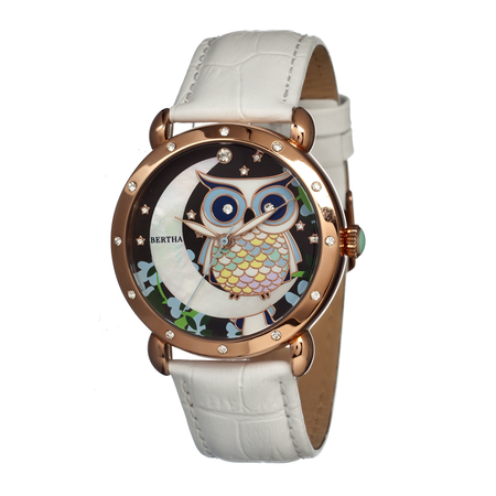 Bertha Ashley Owl and Moon Mother of Pearl Dial White Leather Ladies Watch GIOGFAH002