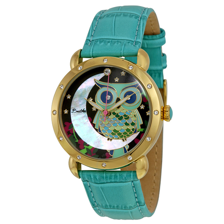 Bertha Ashley Owl and Moon Mother of Pearl Dial Turquoise Leather Ladies Watch GIOGFAH001