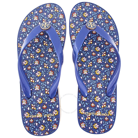Tory Burch Ladies Wedge Flip Flops Blueberry Printed Cut-Out Sandals 46006-405