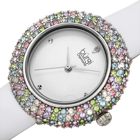 Burgi Ladies Diamond Colored Swarovski Crystal Sparkling Bezel Leather Strap Watch BUR227WT