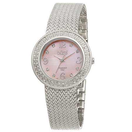Burgi Silver-Tone Brass Pink Mother of Pearl Diamond Dial Ladies Watch BUR097SS