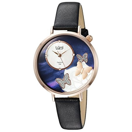 Burgi Mother Of Pearl Butterfly Dial Ladies Leather Watch BUR158BKR