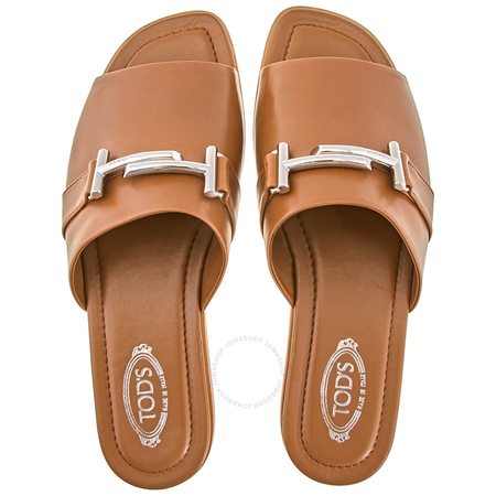 Tod's Ladies Double T Leather Slides Tan Sandals XXW0TK0AF10BSSS018