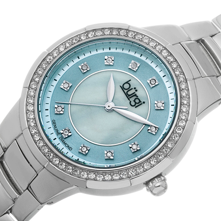Burgi Silver-tone Steel Blue Mother of Pearl Diamond Dial Ladies Watch BUR093BU